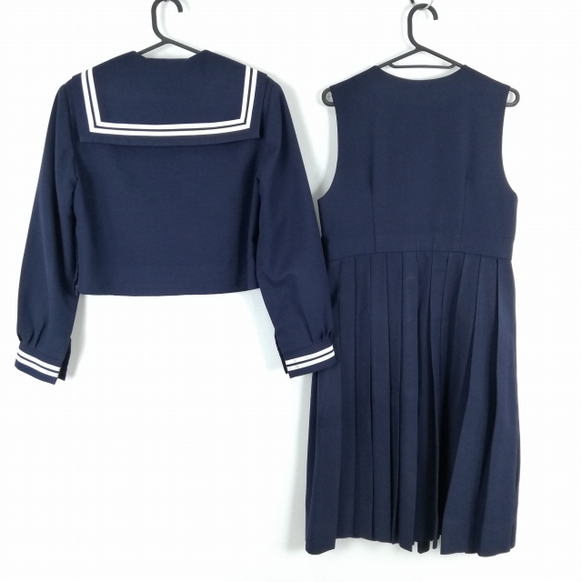 セーラー服 ジャンパースカート 上下2點(diǎn)セット 冬物 白2本線 女子 學(xué)生服 熊本二岡中學(xué) 紺 制服 中古 ランクC EY3891