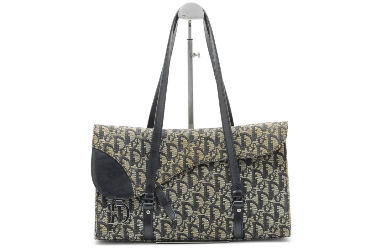 1円【極美品】Christian Dior クリスチャンディオール トロッター サドル トートバッグ ショルダー ハンド キャンバス レザー ネイビー 