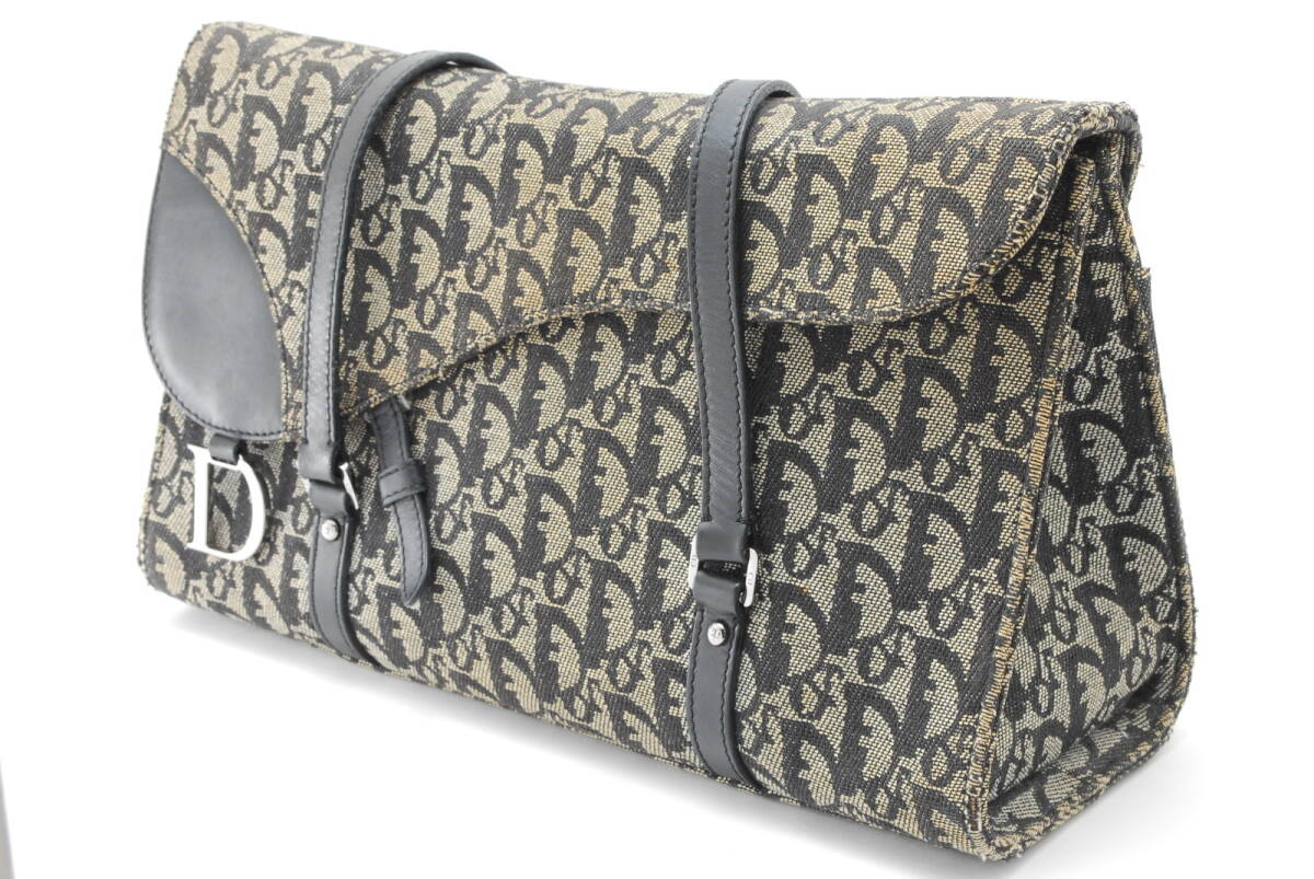 1円【極美品】Christian Dior クリスチャンディオール トロッター サドル トートバッグ ショルダー ハンド キャンバス レザー ネイビー 