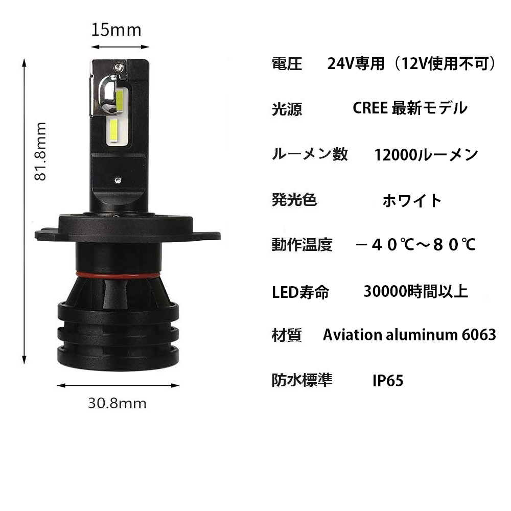 LEDヘッドライト H4 24V車専用 60W 12000ルーメン 6000K ホワイト 冷卻ファン付き CREE制CHIP搭載 大型車 トラック バス 車検対応 2本