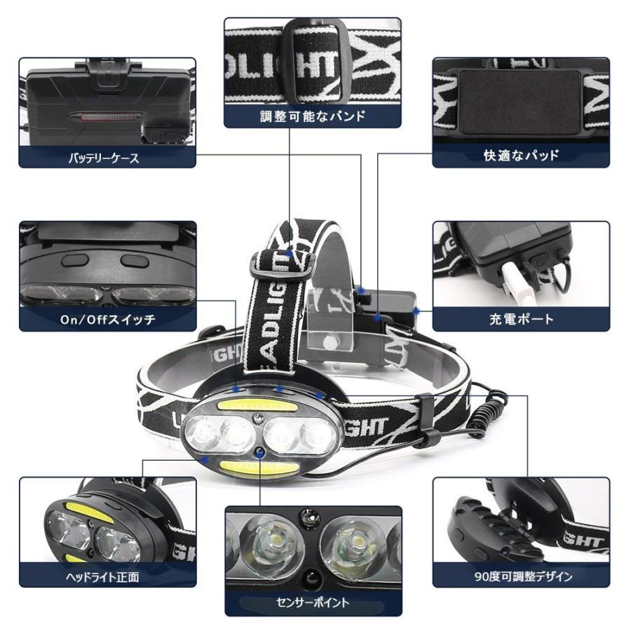 ヘッドライト 充電式 LED 充電池付 センサー付 5000ルーメン 5モード 角度調(diào)節(jié)可　
