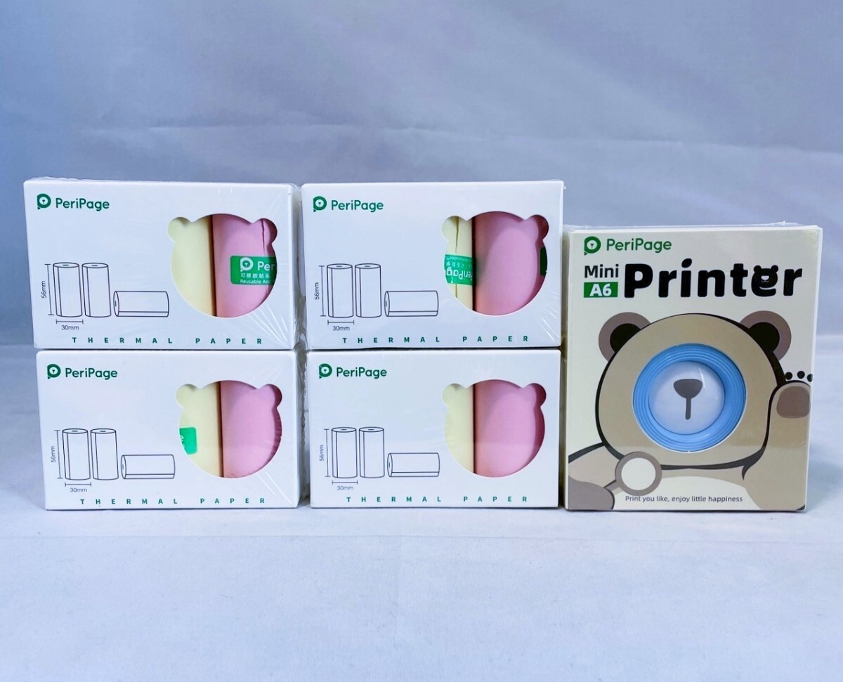 【新品未開封品】PeriPage A6　ミニサーマルプリンター　ブルー　スマホで簡(jiǎn)単印刷　感熱ロール紙3ロール入り×4箱付き　送料無料