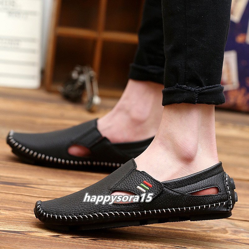 新品★メンズ ローファー　サンダル ドライビングシューズ 通気　春夏　スリッポン　軽量 　滑り止め　ブラック　24.5cm