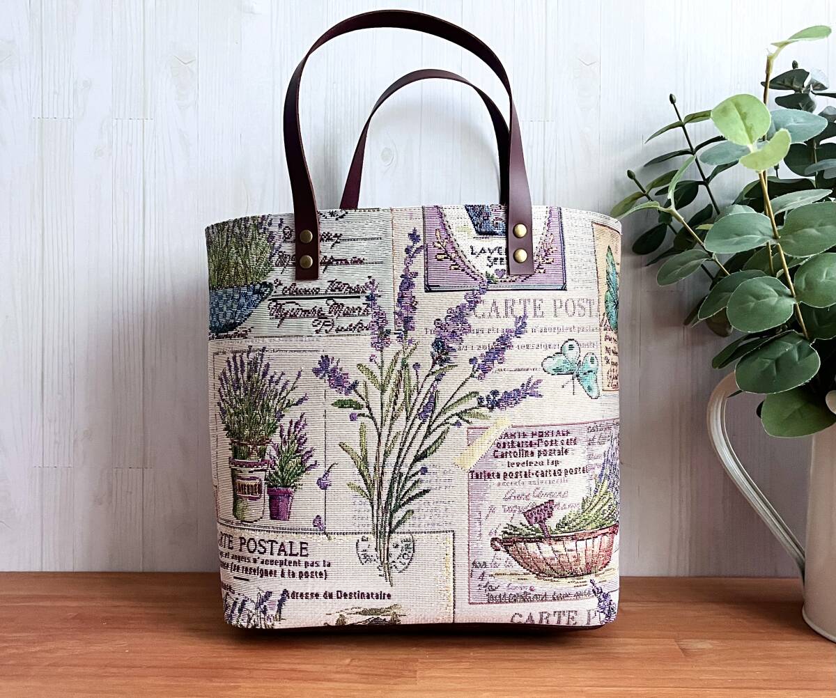 ハンドメイド+スペインゴブラン＋ラベンダー＋LAVENDER SEEDS ＋花柄 ＋Lサイズ ＋トート バッグ＋帆布＋本革＋リバティ