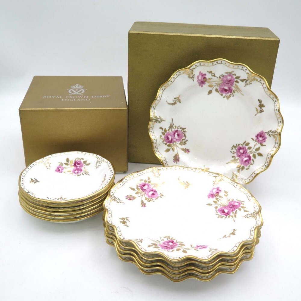 1円? ロイヤルクラウンダービー ロイヤルピンクストンローズ フルーツ皿/20cm プレート 計12點 箱付 y191-3751831【Y商品】