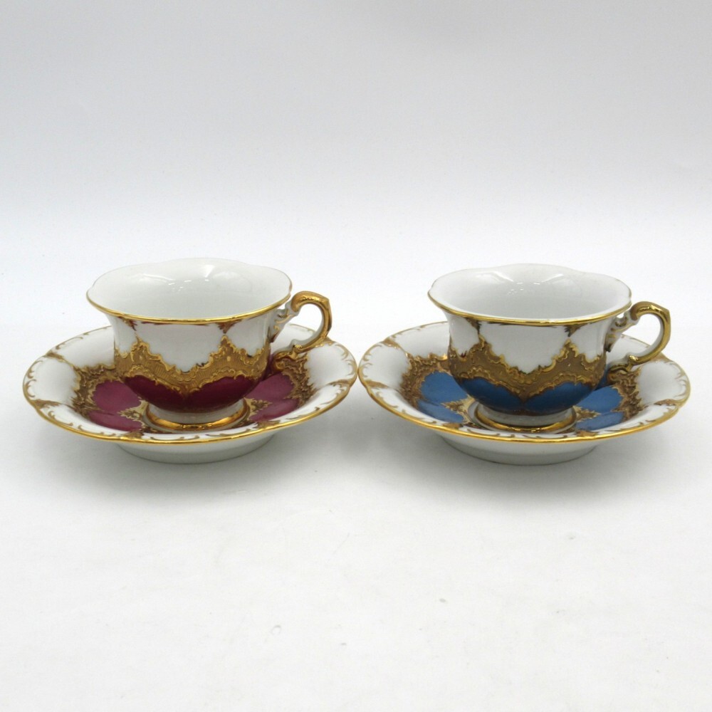 1円? Meissen マイセン Bフォーム グランツゴールド レッド/ブルー モカカップ＆ソーサー 2客 計(jì)4點(diǎn) y82-3675894【Y商品】
