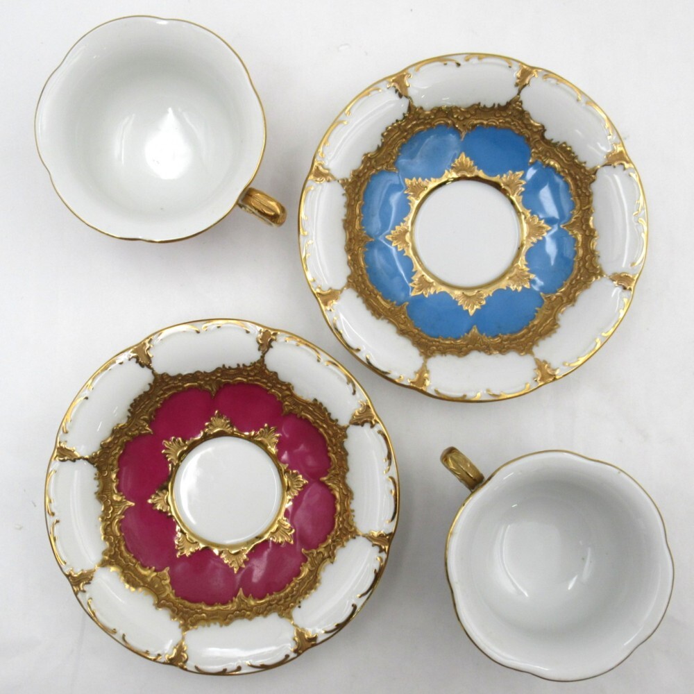 1円? Meissen マイセン Bフォーム グランツゴールド レッド/ブルー モカカップ＆ソーサー 2客 計(jì)4點(diǎn) y82-3675894【Y商品】