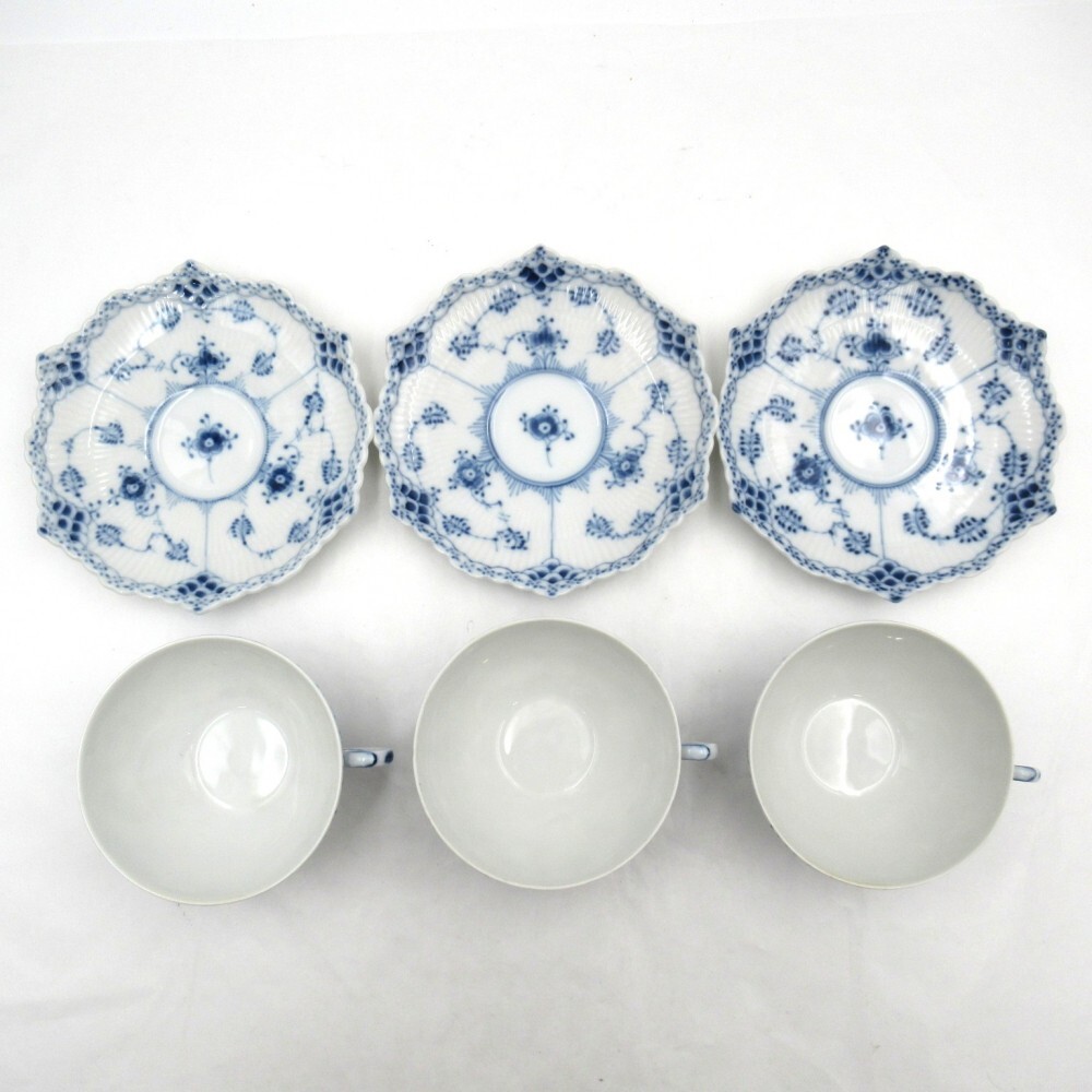 1円? ロイヤルコペンハーゲン ブルーフルーテッド フルレース カップ&ソーサー 3客 計6點 y191-3711778【Y商品】