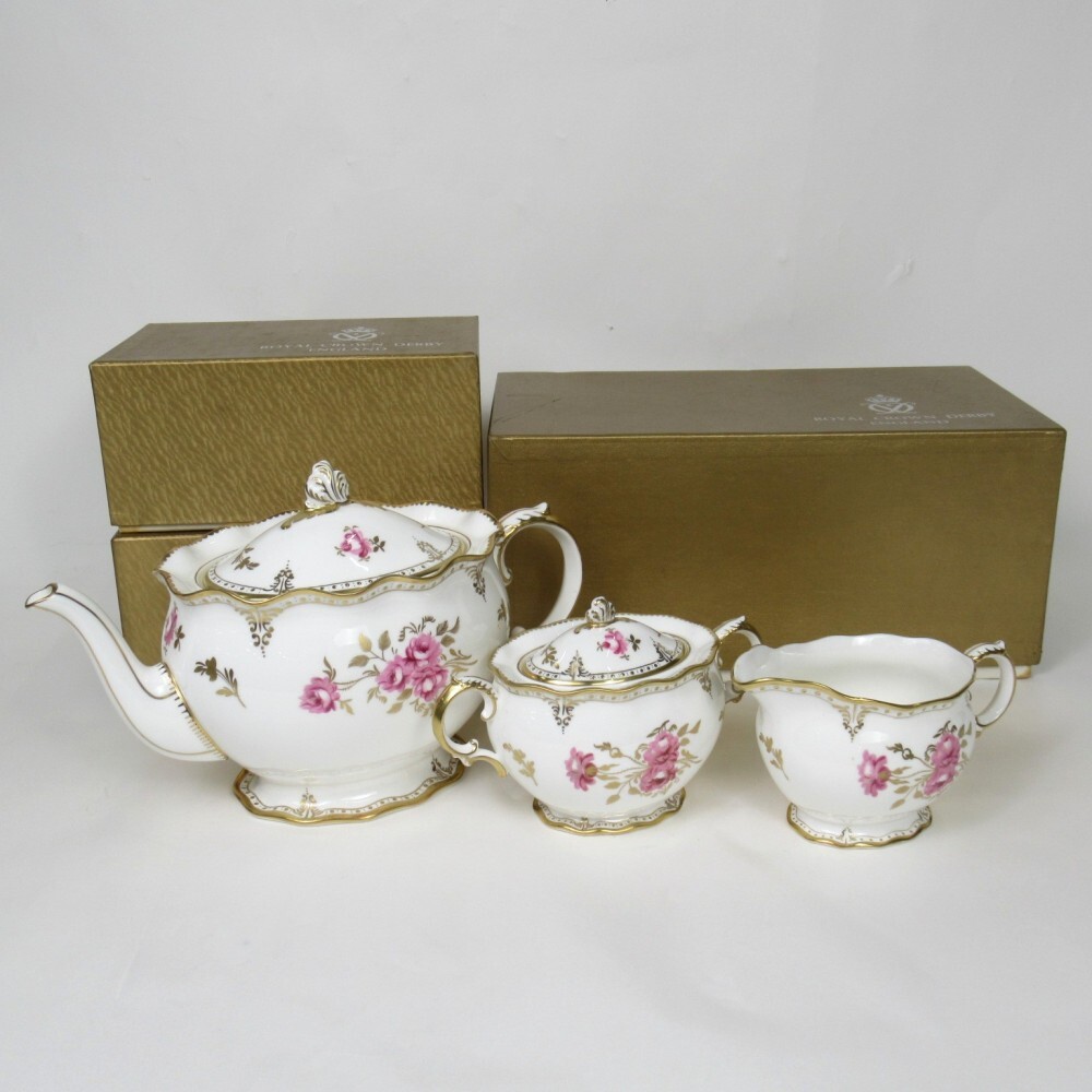 1円? RoyalCrownDerby ロイヤルクラウンダービー ロイヤルピンクストンローズ ポット/シュガー/クリーマー計(jì)3點(diǎn)箱付y191-3751833【Y商品】