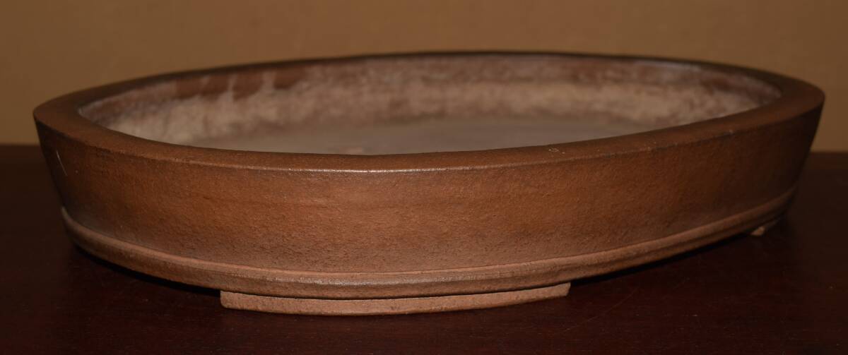 人気品薄古窯作家＜初期の舟山?紫泥?手造り?初期落款★時代乗り抜群★泥味抜群?使い頃サイズ＞切立ち下紐楕円鉢?間口３６，５ｃｍ