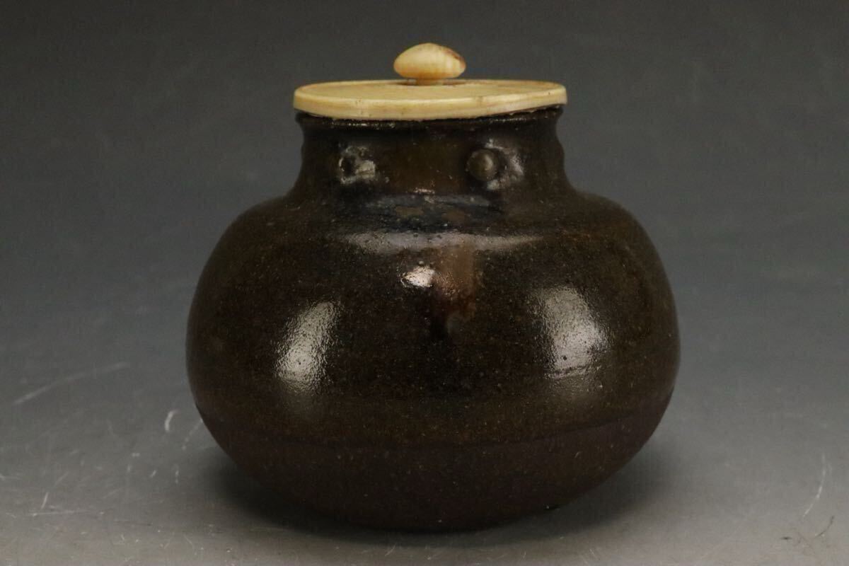 江戸時代前期?中期 古瀬戸文琳茶入 內箱 又玄斎一燈 書付 花押 外箱 玄々斎 書付 銘 花押 二重箱 替仕覆