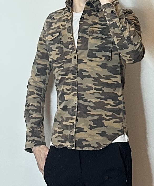 定価2.9萬 AKM STRETCH ARMY CAMO B.D SHIRTS Lサイズ ストレッチアーミーカモフラボタンダウンシャツ　wjk　ジュンハシモト