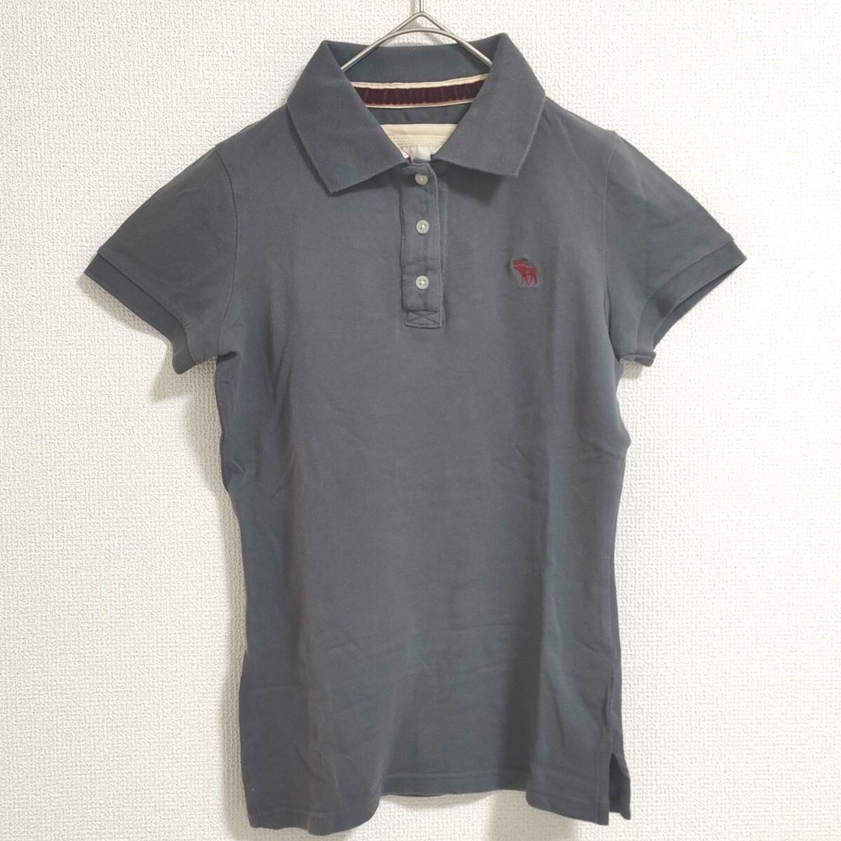 Abercrombie & Fitch アバクロンビーアンドフィッチ ヴィンテージテイスト 半袖ポロシャツ レディース グレー S ムース刺繍ロゴ 綿混