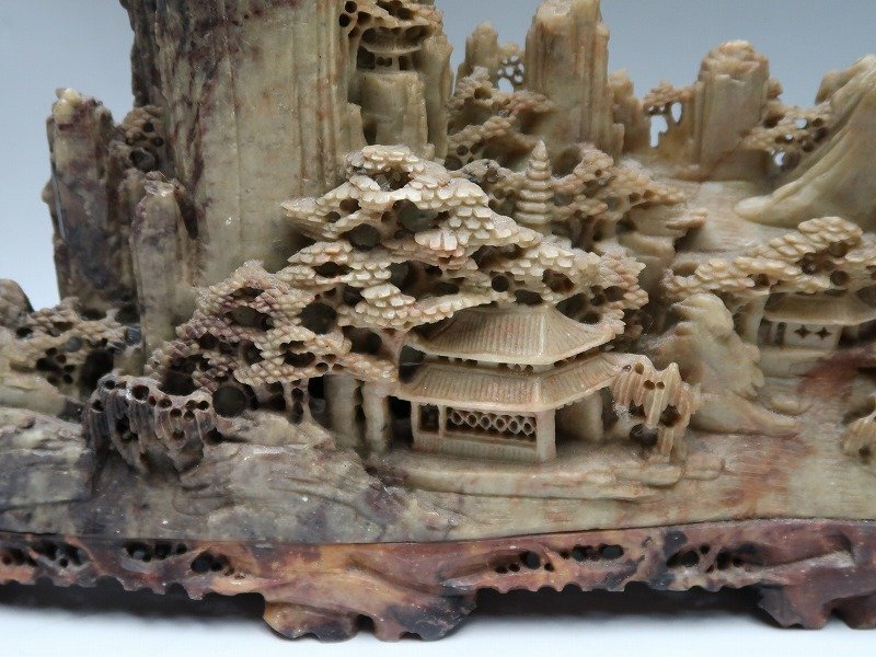 青宝】0521122寿山石彫刻 山水風景楼閣彫刻置物 中国美術工芸品