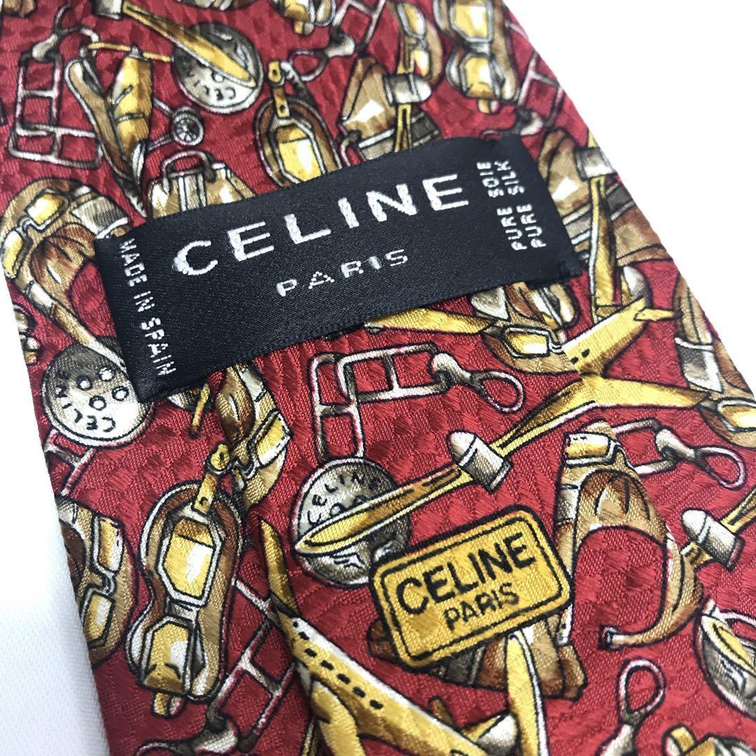 ☆極美品☆CELINE ネクタイ レッド系 総柄 フライトキャップ シルク