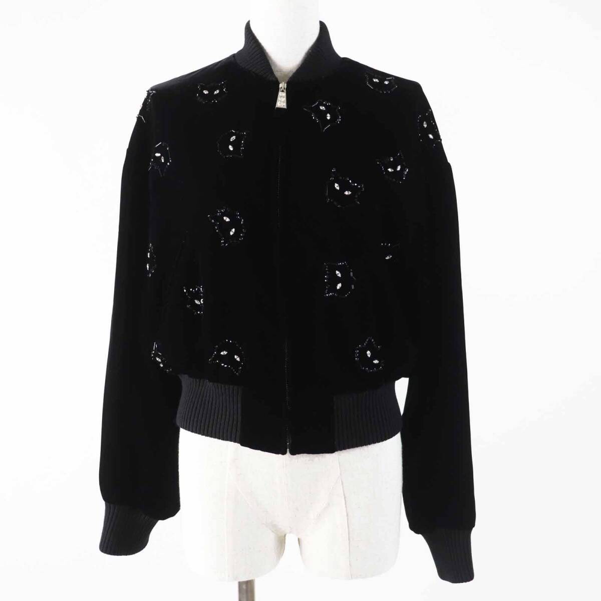 極美品◎MIUMIU ミュウミュウ ML553 ベルベット キャット ビジュー裝飾 ボンバージャケット ブラック 40 イタリア制 正規(guī)品 レディース