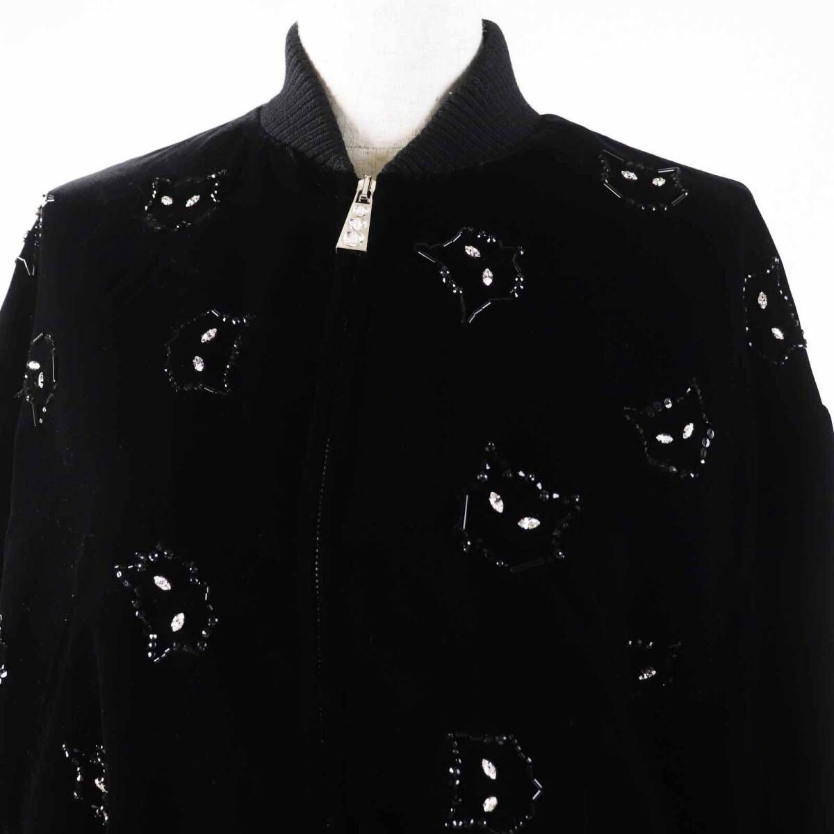 極美品◎MIUMIU ミュウミュウ ML553 ベルベット キャット ビジュー裝飾 ボンバージャケット ブラック 40 イタリア制 正規(guī)品 レディース