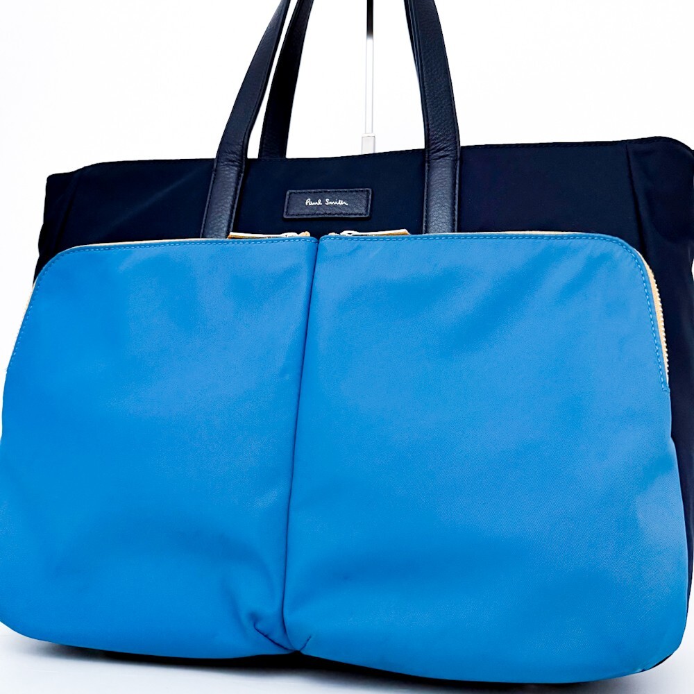1円■超美品■入手困難色■Paul Smith ポールスミス キャンバス トートバッグ ビジネス 大容量 A4 メンズ レディース ブルー マルチカラー