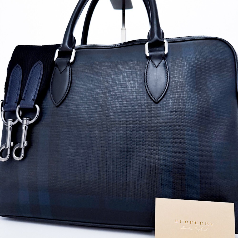 1円■超美品■最高級(jí)ライン■幻の逸品■Burberry 2way バーバリー シャドーノバチェック トートバッグ ビジネス A4 メンズ レザー ブルー