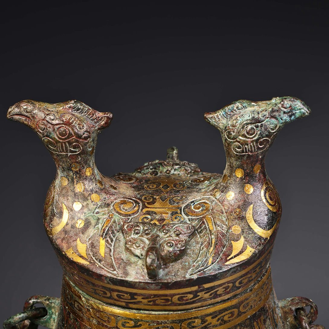 珍藏 中国漢代の青銅錯金六ぽかんと瓶です 青銅器 時代物 中國古