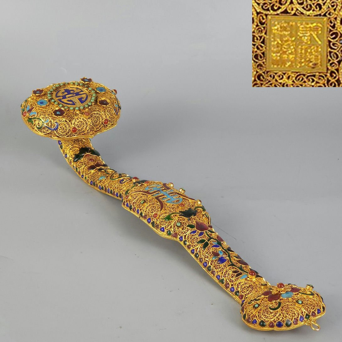 ■観心・時代旧蔵■C7943清時代 銅塗金花絲如意 細密細工★古置物★古賞物★古擺件★蒐集家放出★唐物 その他