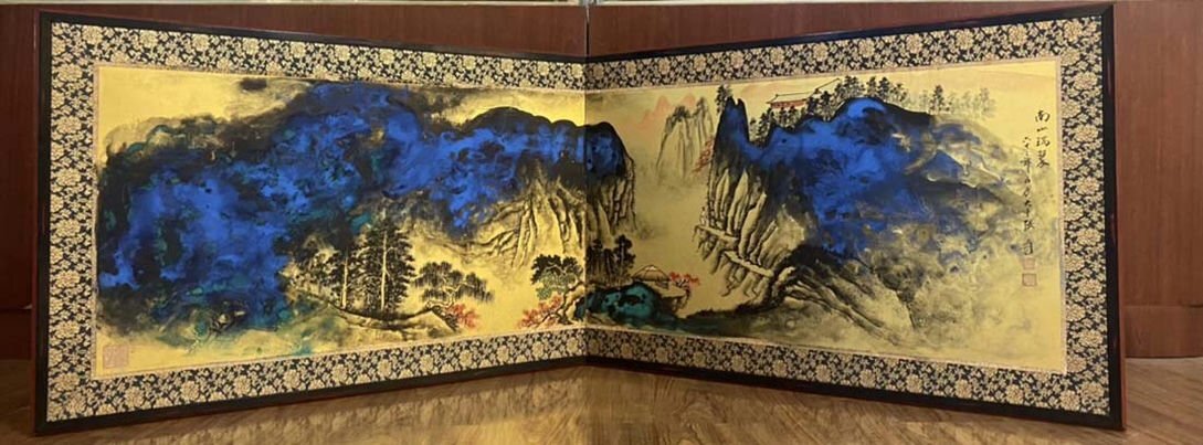 □観心・時代旧蔵□C7518中国古書道◇張大千 溌彩山水屏風 書画 □観心・時代旧蔵□C7518中国古書道◇張大千 溌彩山水屏風 書画