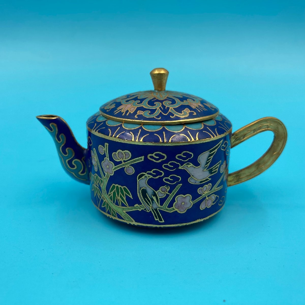 17321P156】茶器 中国 七宝焼 景泰藍 ミニチュア 花鳥図 皿 急須