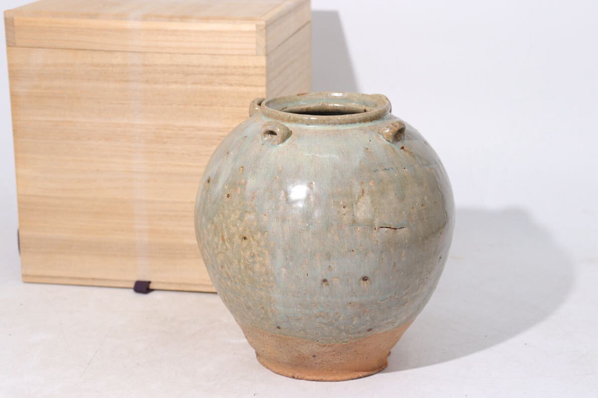 食品・日用品 半額ストア 中国美術 / 木箱付 四耳壺 青磁釉 時代 青磁 越州窯 検索: 灰釉 青磁