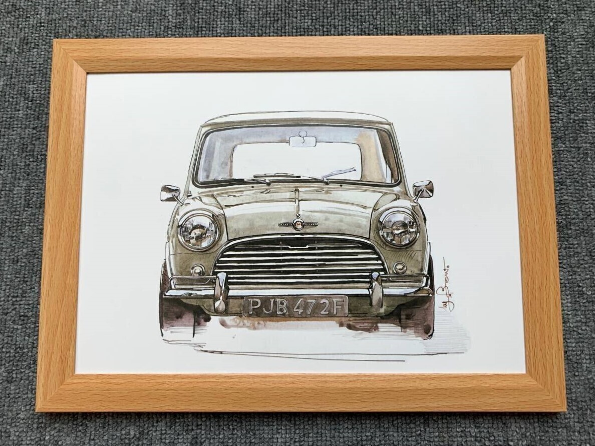 ■BOW。池田和弘『Morris Mini Cooper-S』B5サイズ 額入り 貴重イラスト 印刷物 ポスター風(fēng)デザイン 額裝品 アートフレーム 舊車