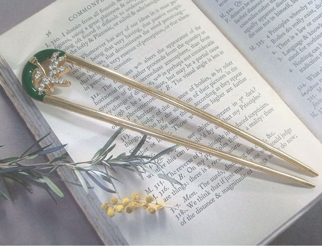 LEAF CLUB ♪簪 かんざし U字コーム コーム ヘアアクセ 笹の葉 笹 竹 葉 葉っぱ グリーン/緑 ゴールド/金_画像2