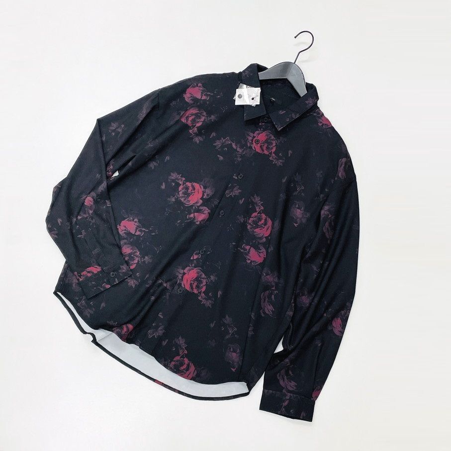 ciao /L/ ブラック 長袖シャツ 薔薇 総柄 トップス 生地 ストレッチ スポーツゴルフバイクキャンプアウトドアオートバイ カジュアル チャオ_画像2