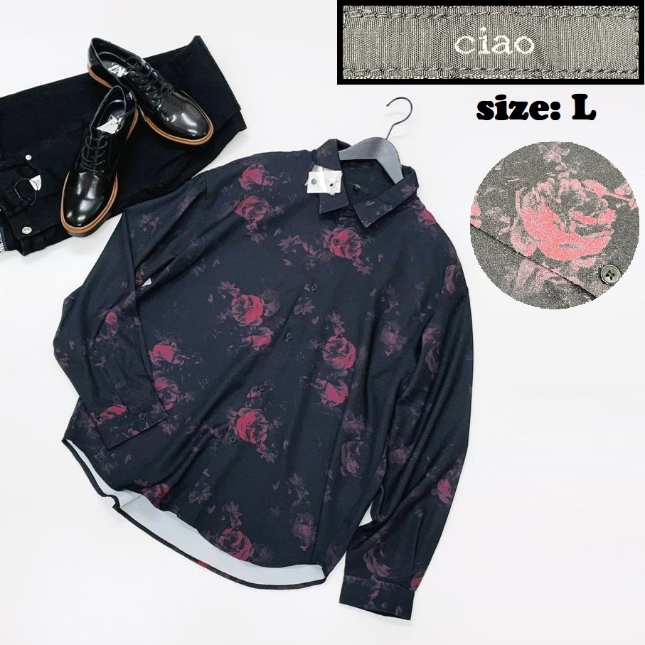 ciao /L/ ブラック 長袖シャツ 薔薇 総柄 トップス 生地 ストレッチ スポーツゴルフバイクキャンプアウトドアオートバイ カジュアル チャオ_画像1