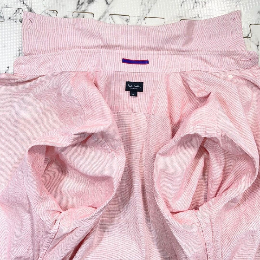 美品/リネン混/里地花柄(L)●ポールスミス 薄手 長袖 シャツ ピンク 切替 フラワー 春夏 メンズ 総柄 Paul Smith ボタンダウン ビジネス 麻