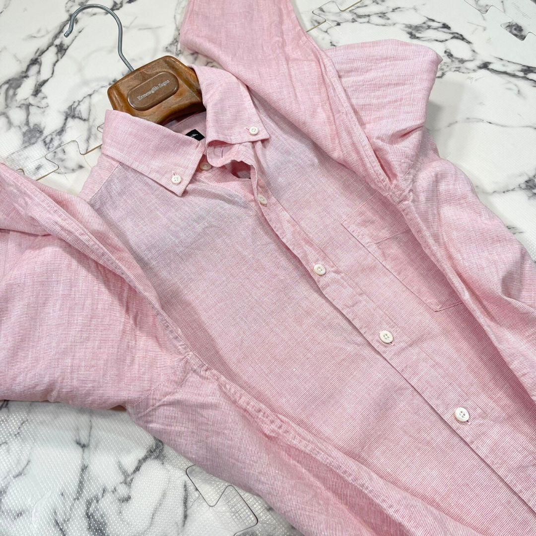 美品/リネン混/里地花柄(L)●ポールスミス 薄手 長袖 シャツ ピンク 切替 フラワー 春夏 メンズ 総柄 Paul Smith ボタンダウン ビジネス 麻