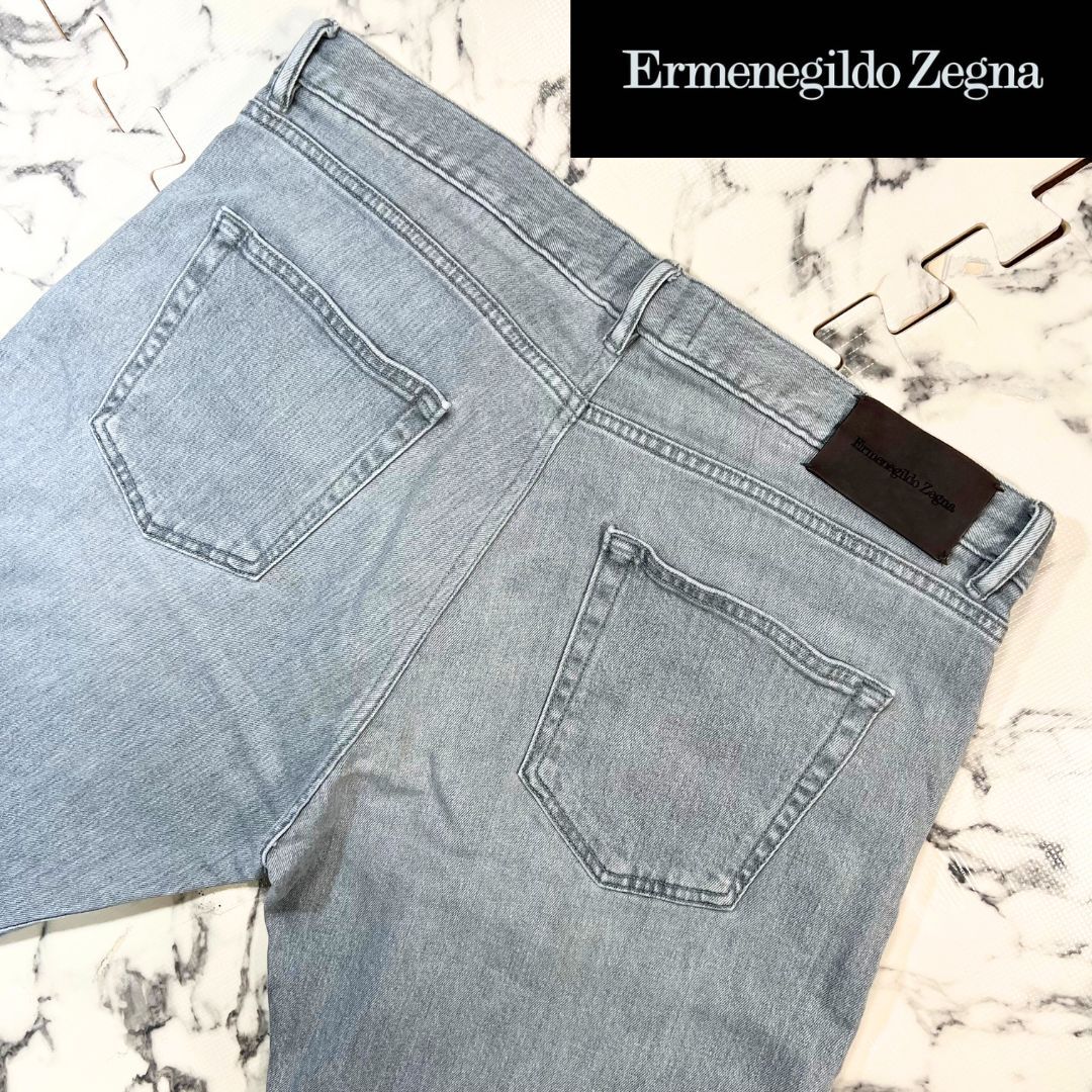 極美品/近年モデル 38(2XL位)●エルメネジルド ゼニア デニム ジーンズ パンツ Ermenegildo Zegna ダークグレー レザー ロゴパッチ 本革