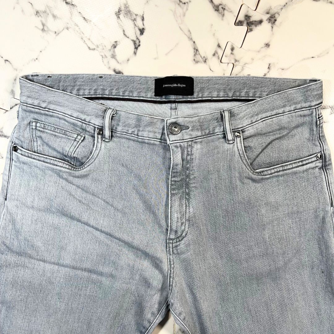 極美品/近年モデル 38(2XL位)●エルメネジルド ゼニア デニム ジーンズ パンツ Ermenegildo Zegna ダークグレー レザー ロゴパッチ 本革