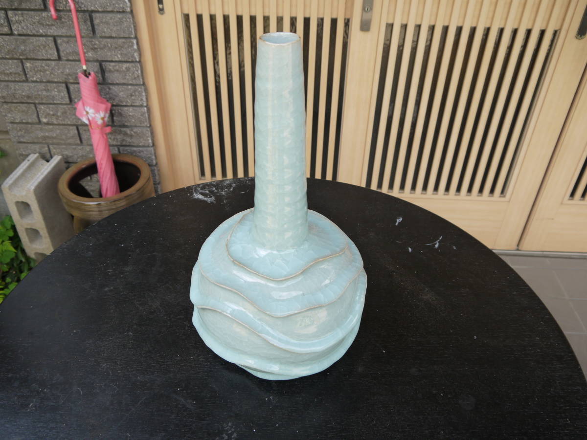 ★【A10614】林隆一郎 青磁花瓶 花器 花入れ 茶道具 共箱 美濃焼