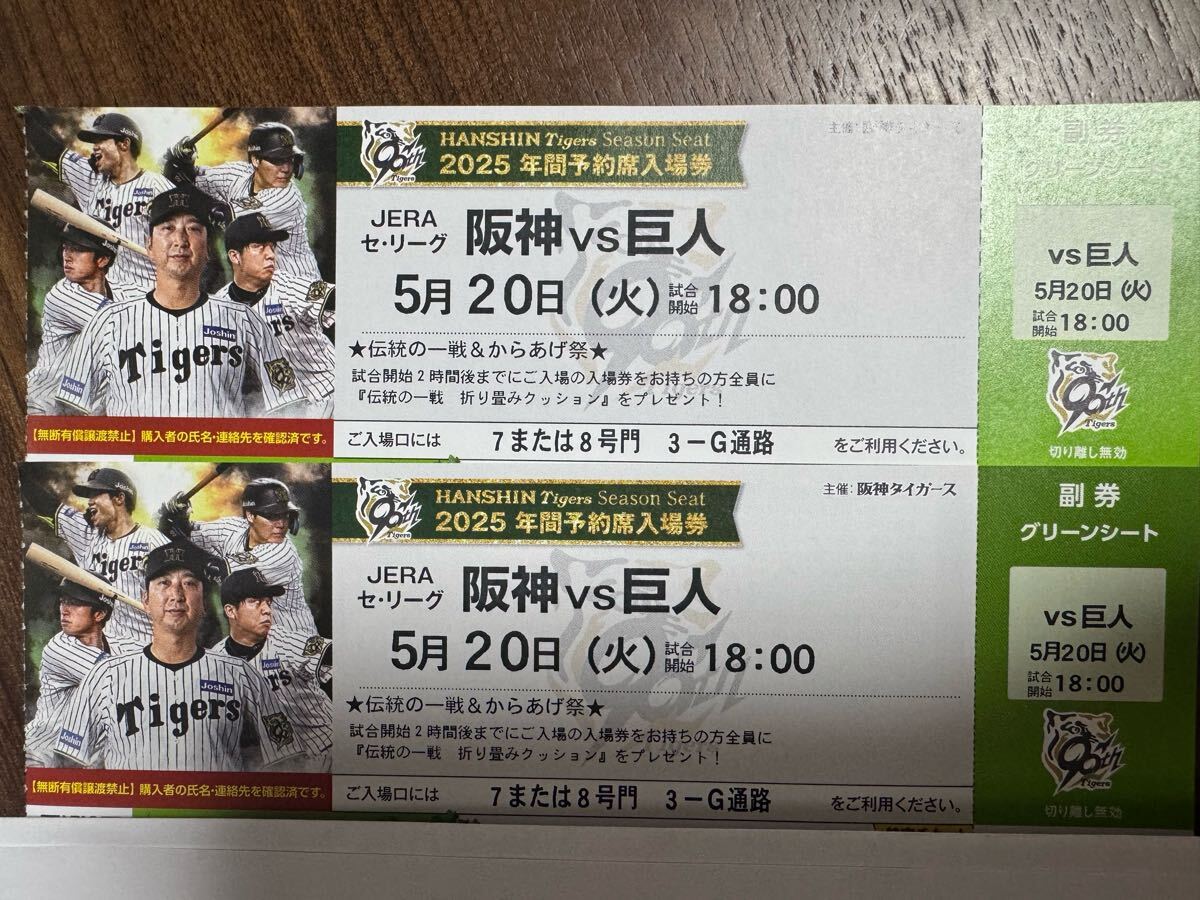 坂神 vs 巨人　2025年5月20日 グリーンシート　2枚 