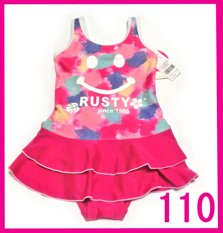 ① 新品 100010 RUSTY ラスティ ワンピース 水着 ピンク 110cm 967802 女児 スイムウエア UVカット プール_画像1