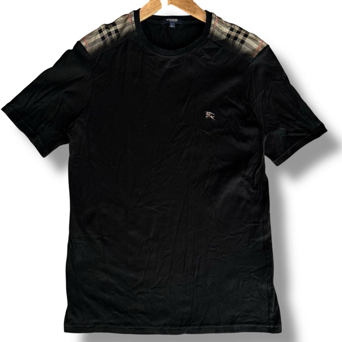 良品 Lサイズ★BURBERRY LONDON バーバリー 半袖 Tシャツ クルーネック トップス ブラック 黒 ノバチェック 日本制 ホースロゴ 刺繍 
