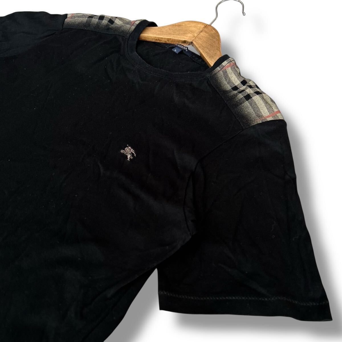 良品 Lサイズ★BURBERRY LONDON バーバリー 半袖 Tシャツ クルーネック トップス ブラック 黒 ノバチェック 日本制 ホースロゴ 刺繍 