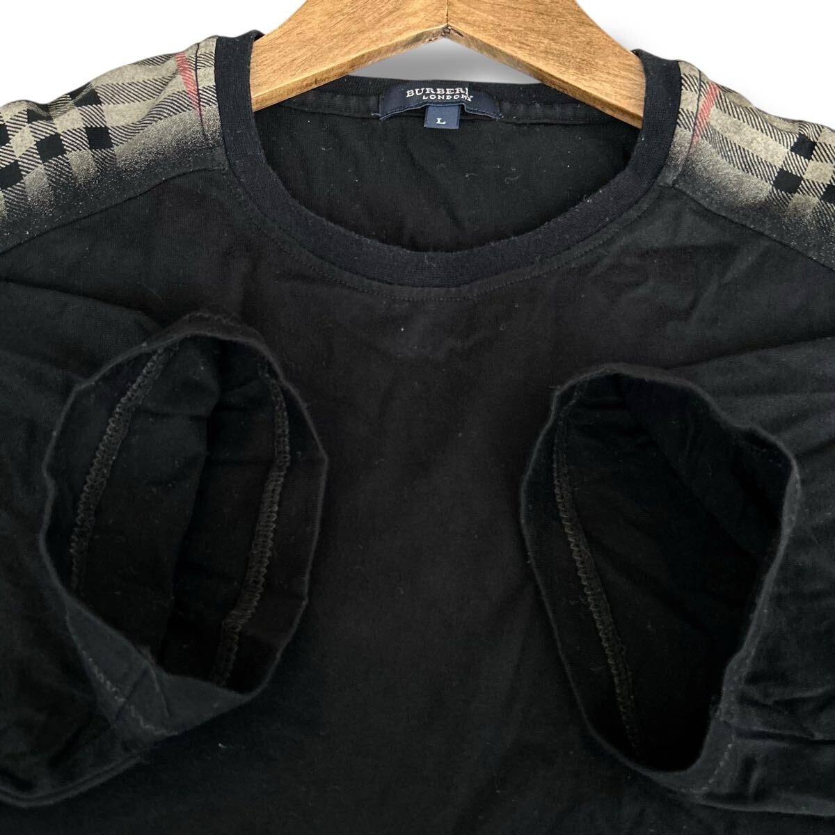 良品 Lサイズ★BURBERRY LONDON バーバリー 半袖 Tシャツ クルーネック トップス ブラック 黒 ノバチェック 日本制 ホースロゴ 刺繍 