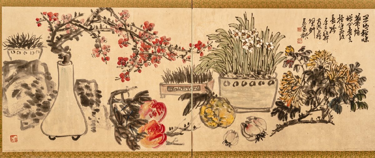 善古堂】某有名ギャラリー買入「呉昌碩寫」中国近代画家 紙本