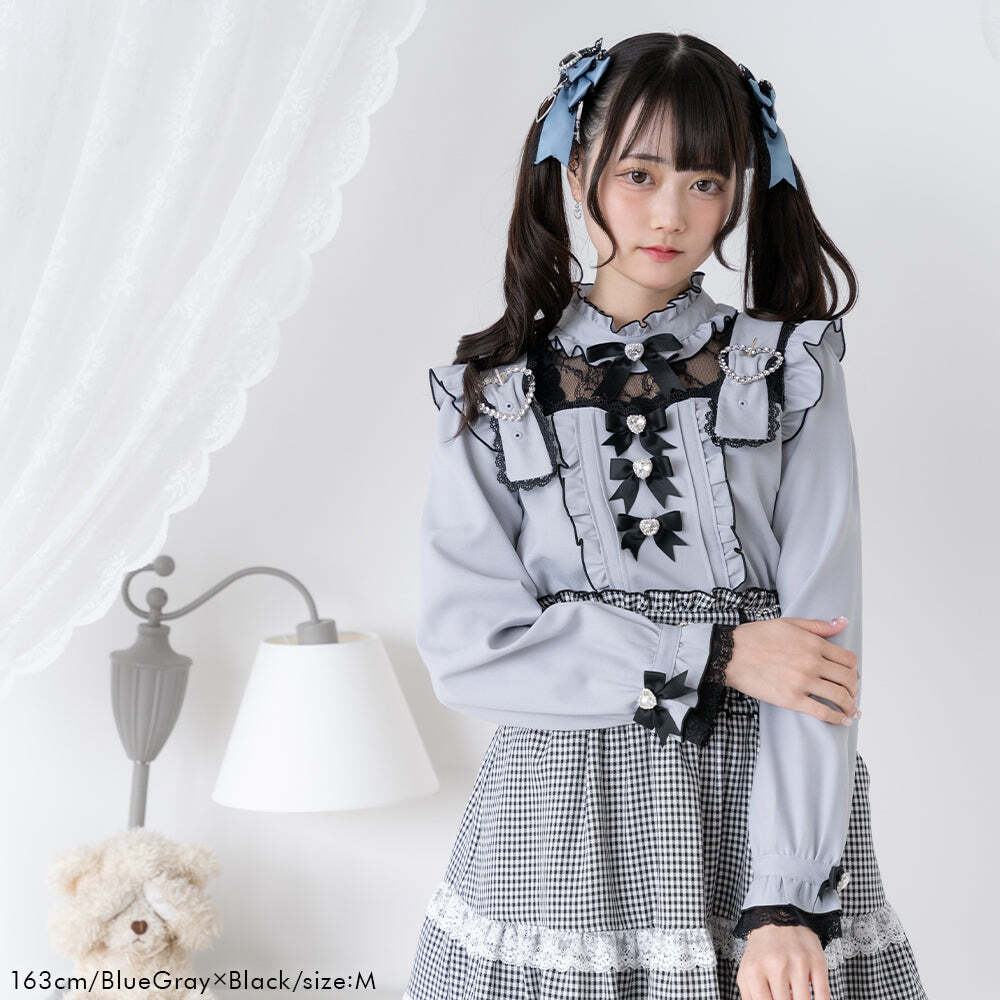 【新品】DearMyLove(ディアマイラブ) ハートベルトチョーカービジューブラウス Mサイズ ブルーグレー×ブラック　/長袖ブラウス灰色黒色