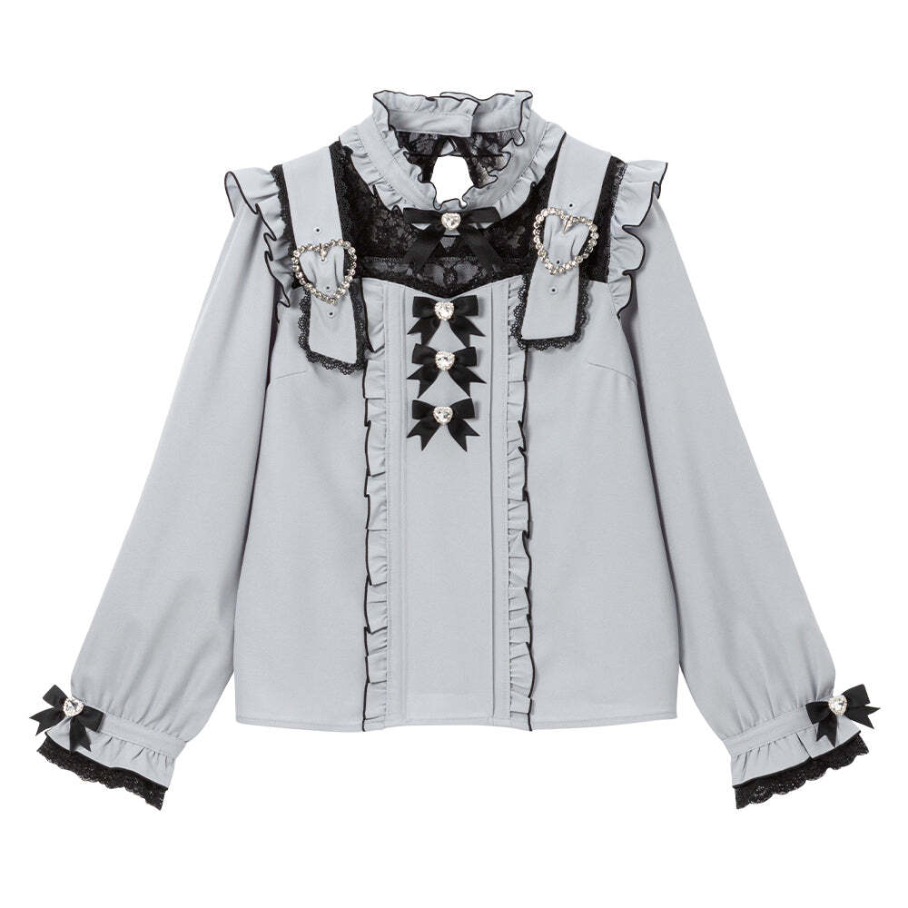 【新品】DearMyLove(ディアマイラブ) ハートベルトチョーカービジューブラウス Mサイズ ブルーグレー×ブラック　/長袖ブラウス灰色黒色