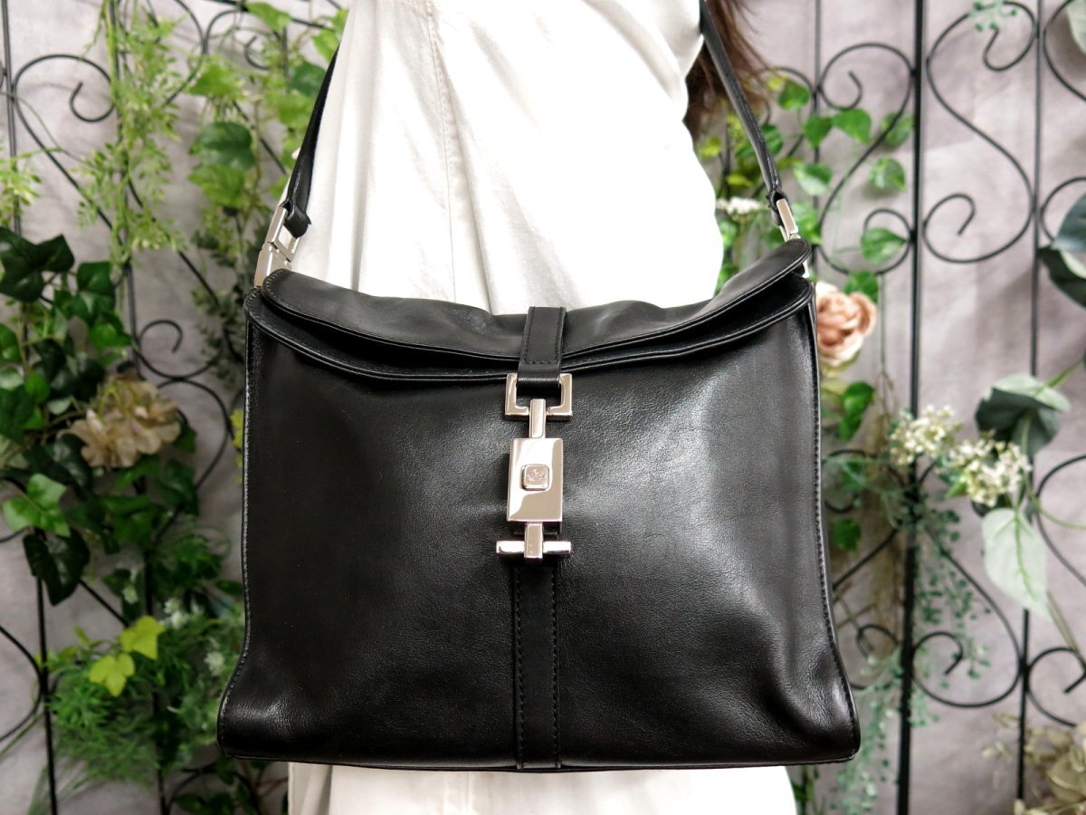 ●超美品●GUCCI グッチ●ジャッキー●カーフ レザー 本革●ショルダー バッグ●黒●シルバー金具●イタリア制●肩掛け●かばん●Js56948