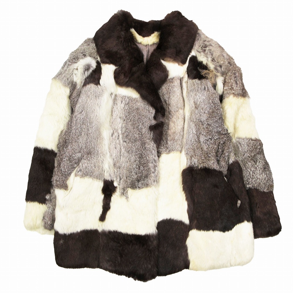ラビットファー リアルファー 本毛皮 パッチワーク ハーフコート ブラウン ホワイト グレー レディース 【中古】_画像1