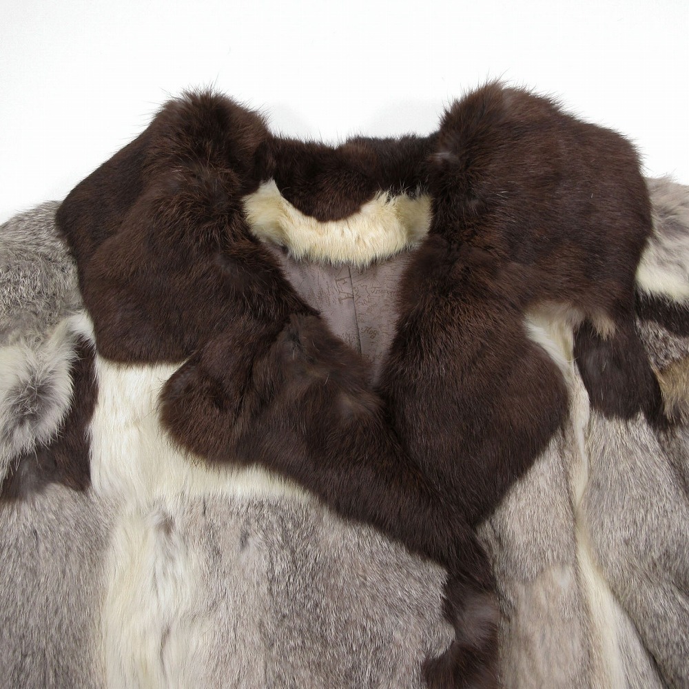 ラビットファー リアルファー 本毛皮 パッチワーク ハーフコート ブラウン ホワイト グレー レディース 【中古】_画像3