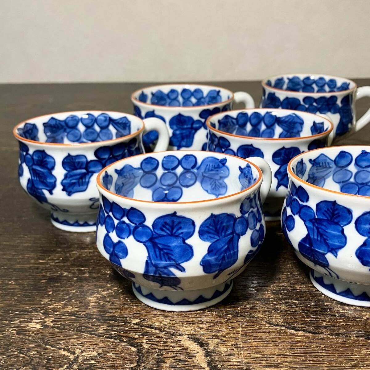 京都⑩ 川瀬竹春 作 染付葡萄文 珈琲碗揃 カップ＆ソーサー 6客揃 共箱 茶道具