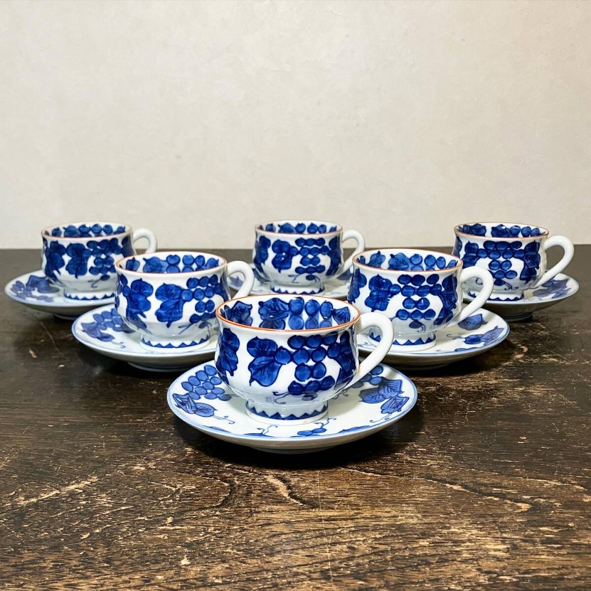 京都⑩ 川瀬竹春 作 染付葡萄文 珈琲碗揃 カップ＆ソーサー 6客揃 共箱 茶道具